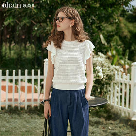 OLrain欧芮儿杏白色镂空针织衫女早春2024年新款宽松荷叶袖上衣