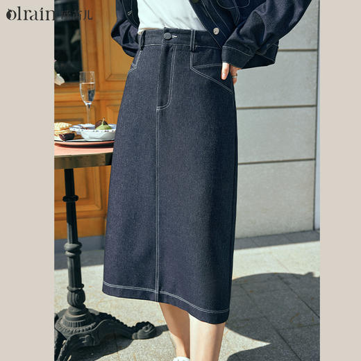 OLrain欧芮儿牛仔蓝半身裙女早春2024年新款高腰复古休闲中长裙 商品图0