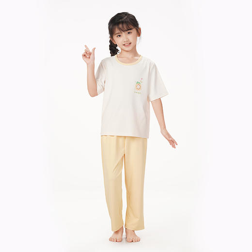 都市丽人眯雅佳好睡好眠春夏睡衣男女童针织人棉坑条家居服薄款中袖长裤童装棉质套装JH42A2 商品图1