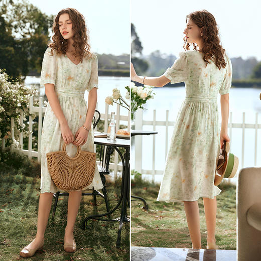 OLrain欧芮儿法式碎花连衣裙女早春2024年新款小清新显瘦收腰长裙 商品图4