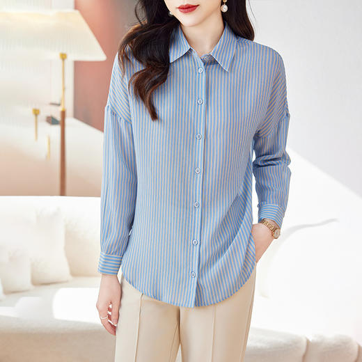 LS897 蓝色真丝衬衫女2024新款春季翻领条纹长袖双绉宽松休闲桑蚕丝衬衣 商品图2
