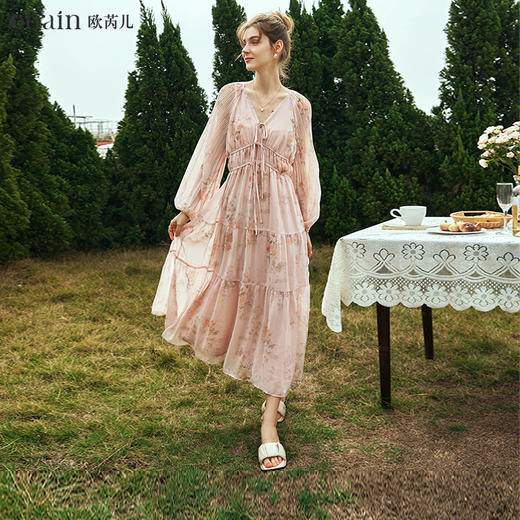 OLrain欧芮儿粉色连衣裙女秋冬2023年新款气质浪漫V领收腰雪纺裙 商品图0