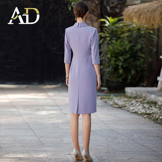 AD洋气紫色职业连衣裙女御姐范V领气质中袖西装裙子职场通勤服装送胸针 商品图4