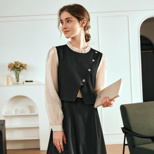 OLrain欧芮儿法式黑色连衣裙女早春2024年新款气质显瘦假两件裙子 商品图1