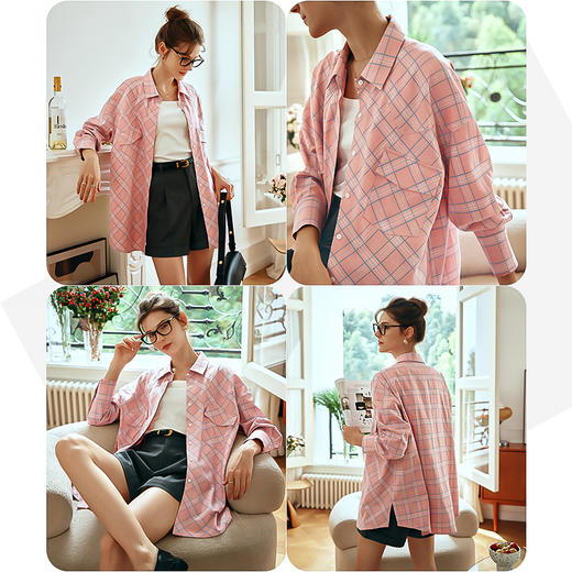 OLrain欧芮儿格纹衬衫女早春2024年新款宽松翻领慵懒风长袖外套 商品图3