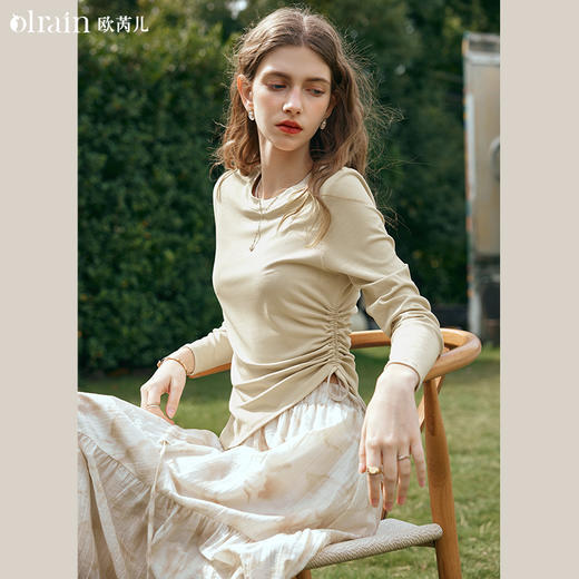 欧芮儿纯色抑菌长袖T恤女早春2024新款设计感抽绳不规则打底上衣 商品图0