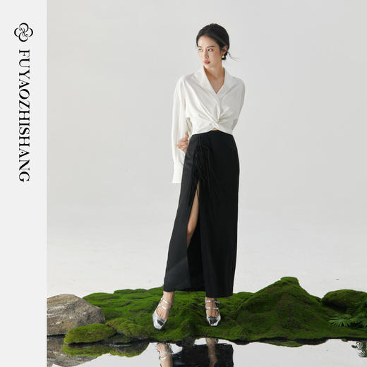 扶摇 高级感捏褶通勤缎面女士长袖衬衫上衣2025春秋装白衬衣 商品图2