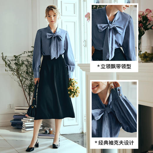 OLrain欧芮儿法式牛仔衬衫女早春2024新款复古通勤系带蝴蝶结上衣 商品图3