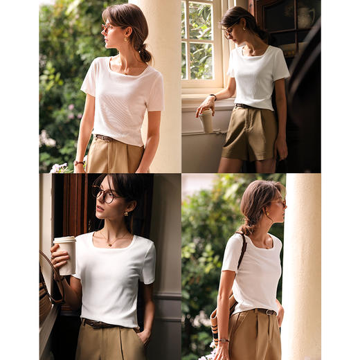 OLrain欧芮儿白色正肩T恤女早春2024年新款时尚简约百搭显瘦短袖 商品图2