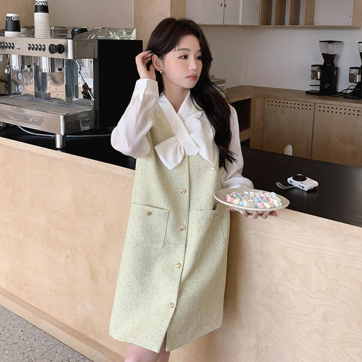 春装新品，韩系拼接假两件蝴蝶结领衬衫袖时尚宽松连衣裙HR-LXI8816 商品图0