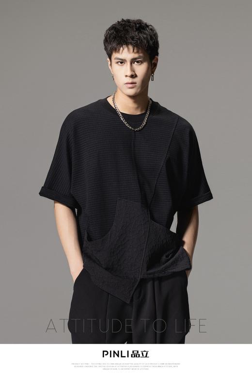 PINLI品立夏季新款拼接短袖T恤男士潮牌纯色宽松休闲体恤上衣B242111001 商品图2