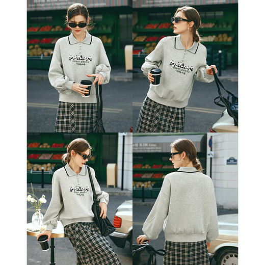 OLrain欧芮儿美式灰色卫衣女早春2024年新款设计感熊猫刺绣上衣 商品图2