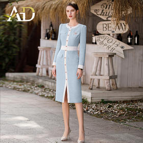 AD名媛气质小香风连衣裙蓝色长袖裙时尚圆领接拼包臀裙