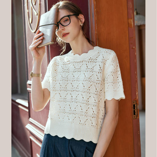 OLrain欧芮儿法式杏白色针织衫女早春2024新款宽松度假风镂空上衣 商品图1