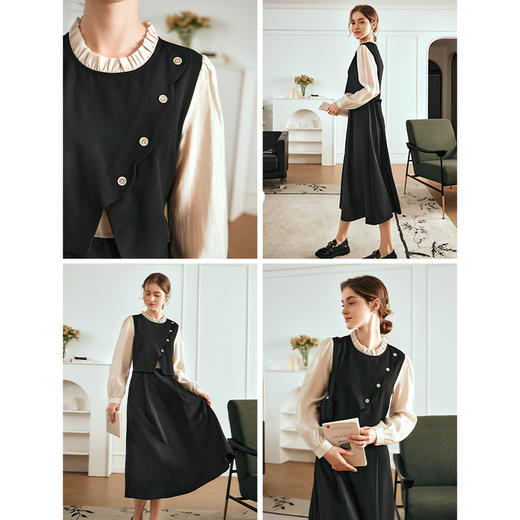 OLrain欧芮儿法式黑色连衣裙女早春2024年新款气质显瘦假两件裙子 商品图2