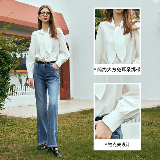 OLrain欧芮儿法式米白色雪纺衫女早春2024年新款气质时尚绑结衬衫 商品图4