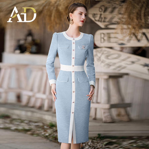 AD名媛气质小香风连衣裙蓝色长袖裙时尚圆领接拼包臀裙 商品图2
