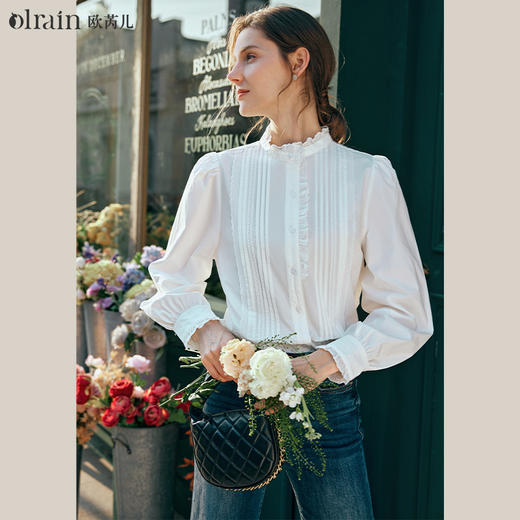 OLrain欧芮儿法式白色衬衫女早春2024年新款木耳边长袖衬衣上衣 商品图0