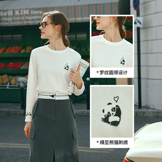 OLrain欧芮儿米白色长袖T恤女早春2024新款宽松百搭熊猫刺绣上衣 商品图3