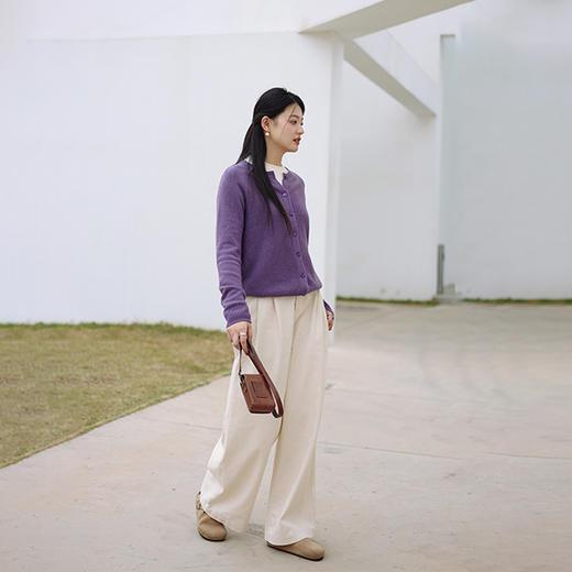 绽放075朵/米白色简约松弛斜纹全棉肌理感宽松直筒休闲阔腿裤 商品图1