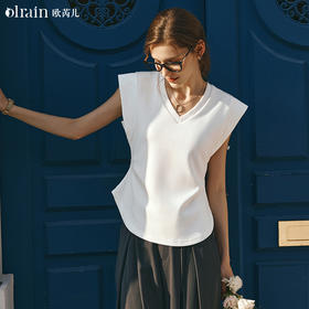 OLrain欧芮儿白色宽松T恤女早春2024年新款设计感飞飞袖V领上衣