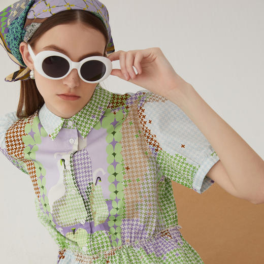 谜底衬衫式连衣裙2024夏新款田园风印花中长款塔裙短袖246ML7024 商品图3