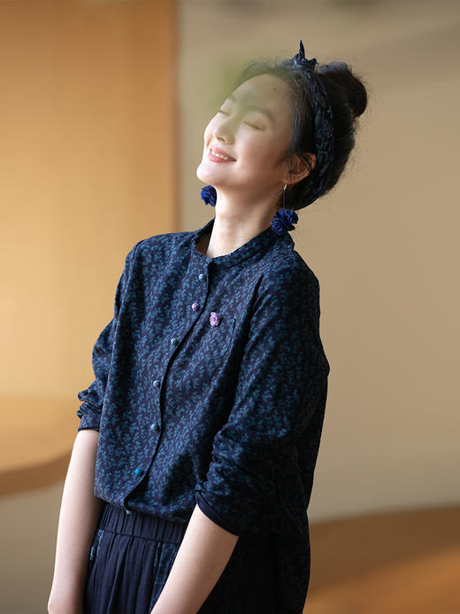 牧衣游原创 拔染印花棉麻衬衫植物染酵洗文艺碎花上衣百搭 踏山 商品图1