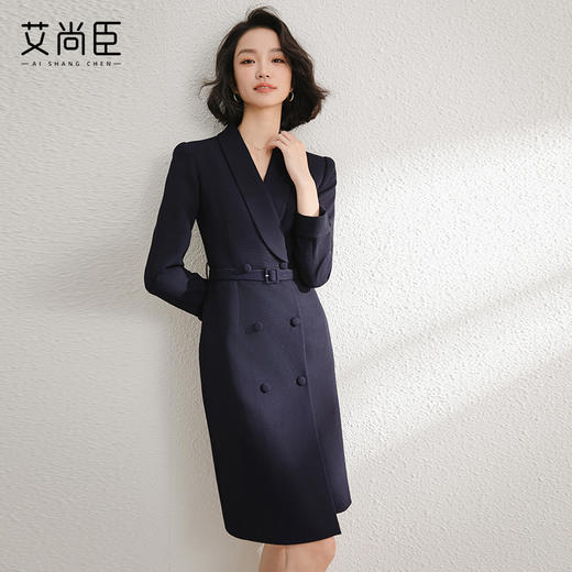 气质西装式连衣裙女2024早春新款时尚藏青色双排扣裙子通勤工作服 商品图0