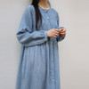 绽放051朵/雾蓝色亚麻磨毛成衣染色碎褶长袖文艺旅游穿搭连衣裙 商品缩略图2