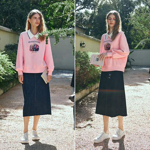 OLrain欧芮儿粉色套头卫衣女早春2024年新款宽松显瘦浪漫印花长袖 商品图4