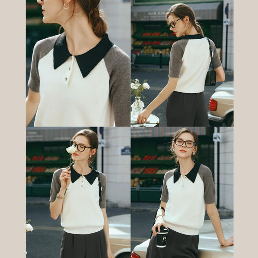 OLrain欧芮儿POLO领针织衫女早春2024年新款时尚简约拼接上衣 商品图2