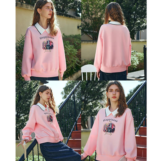 OLrain欧芮儿粉色套头卫衣女早春2024年新款宽松显瘦浪漫印花长袖 商品图2