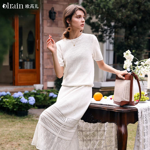 欧芮儿法式杏白色针织套装女夏季2024年新款高级感休闲短袖+半身裙 商品图0