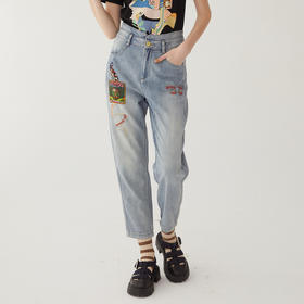 谜底绣花牛仔裤女2024夏季新款复古高腰宽松萝卜九分裤246MK7058