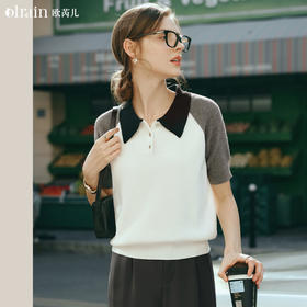 OLrain欧芮儿POLO领针织衫女早春2024年新款时尚简约拼接上衣