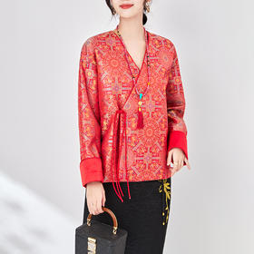 复古国风新中式，女装春季人丝提花缎红色上衣外套WLZD-2403104