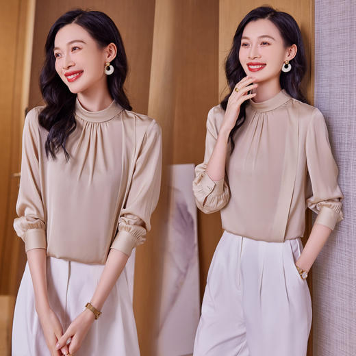 气质优雅，褶皱圆领半高领真丝衬衫HR-ASE9632 商品图3