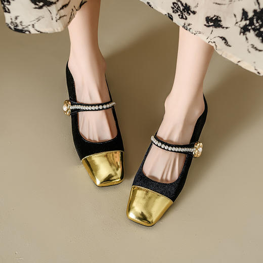 【预售5天】春季新款，珍珠法式金丝绒玛丽珍单鞋MN&B634 商品图1