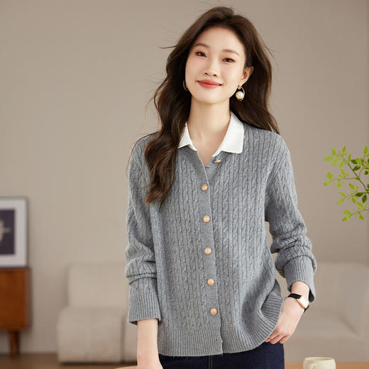 J485衬衫领麻花开衫毛衣外套女短款春秋2024新款春装洋气外搭针织上衣 商品图1