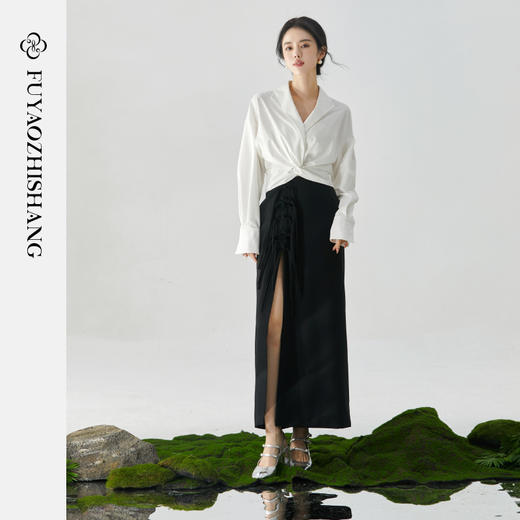 扶摇 高级感捏褶通勤缎面女士长袖衬衫上衣2025春秋装白衬衣 商品图1