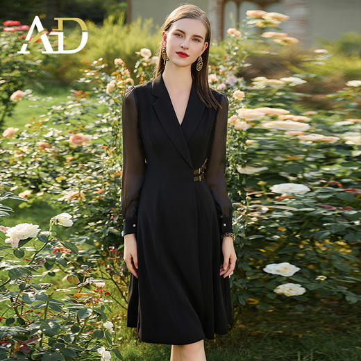 AD新中式连衣裙女遮肉显瘦接拼西服裙子正式场合国风长袖裙子春季 商品图0