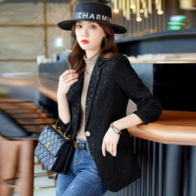TZF-黑色印花西装外套女新款今年流行韩版修身气质小西服上衣