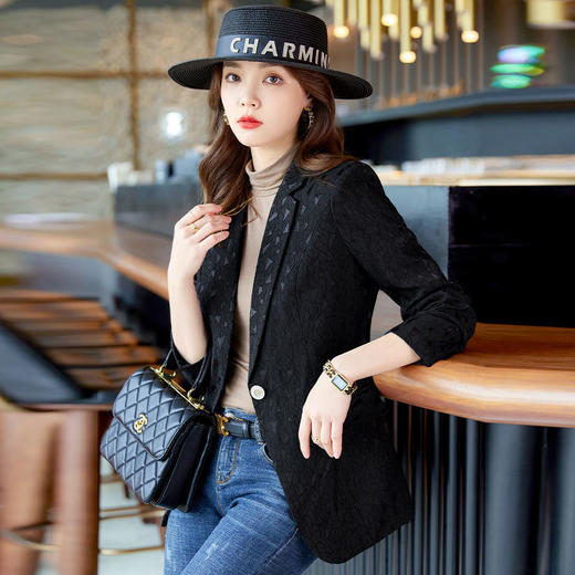 TZF-黑色印花西装外套女新款今年流行韩版修身气质小西服上衣 商品图0
