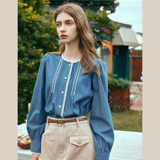 OLrain欧芮儿蓝色衬衫女春季2024年新款蕾丝花边水洗牛仔衬衣上衣 商品图1
