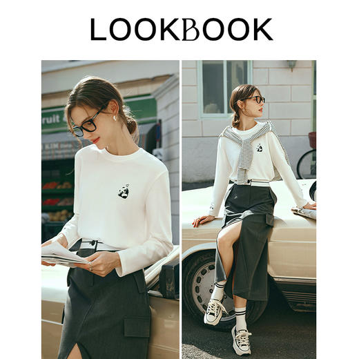 OLrain欧芮儿米白色长袖T恤女早春2024新款宽松百搭熊猫刺绣上衣 商品图4