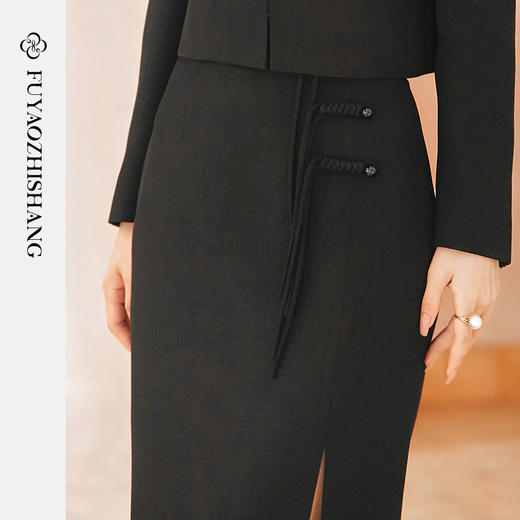 扶摇 秋季新款黑色半身裙女新中式国风开叉中长裙绑带包臀裙 商品图2