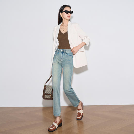 OLrain欧芮儿蓝色直筒牛仔裤女春季2024年新款复古高腰九分烟管裤 商品图4