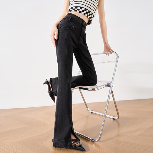 OLrain欧芮儿黑色牛仔裤女春季2024年新款高腰百搭直筒开叉微喇裤 商品图2
