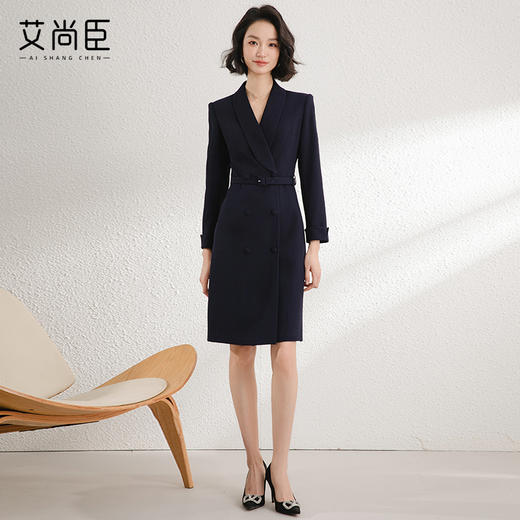 气质西装式连衣裙女2024早春新款时尚藏青色双排扣裙子通勤工作服 商品图4