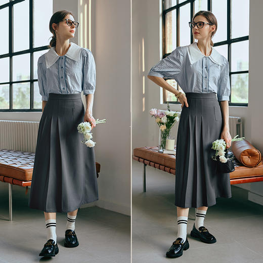 OLrain欧芮儿灰色半身裙女早春2024年新款通勤百搭设计感百褶长裙 商品图3